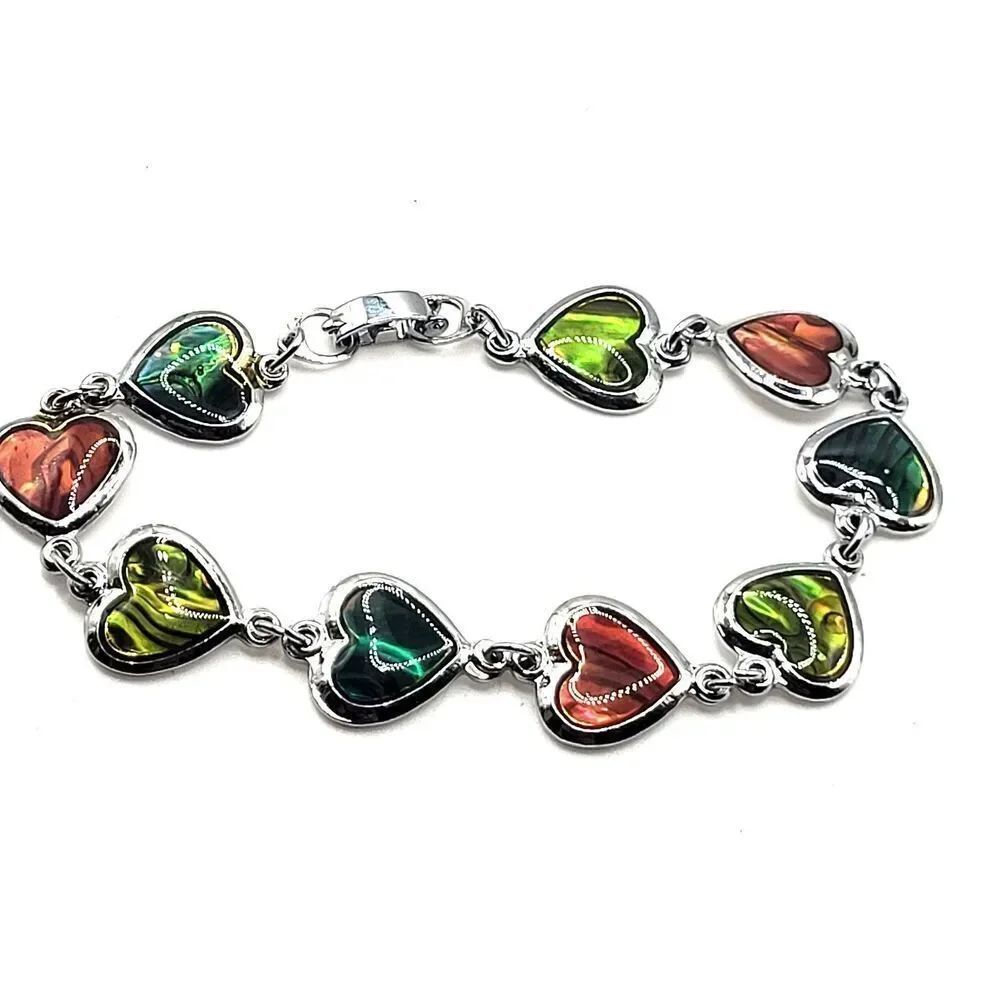 BRACELET SILVER TONE ABALONE LOOK  COLORFUL  10 HEARTS   7.5" Long